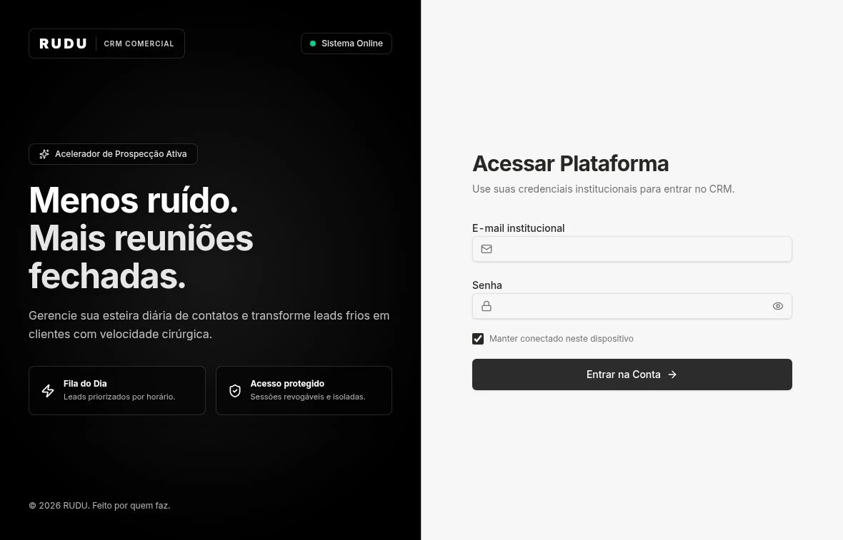 RUDU CRM public authentication page with a black sales-work introduction beside empty institutional email and password fields. Visual UI by Wallace Paulo.