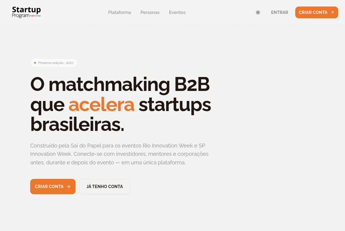 Carlos Henrique’s public Startup Program landing-page layout: B2B matchmaking headline with orange emphasis, creation and returning-account actions, and navigation.