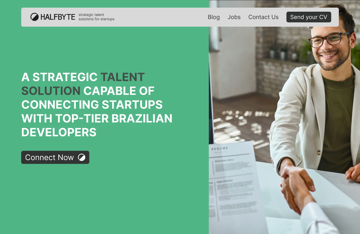 Historical halfByte hero exploration with a green headline panel, horizontal navigation and a photographic meeting image.