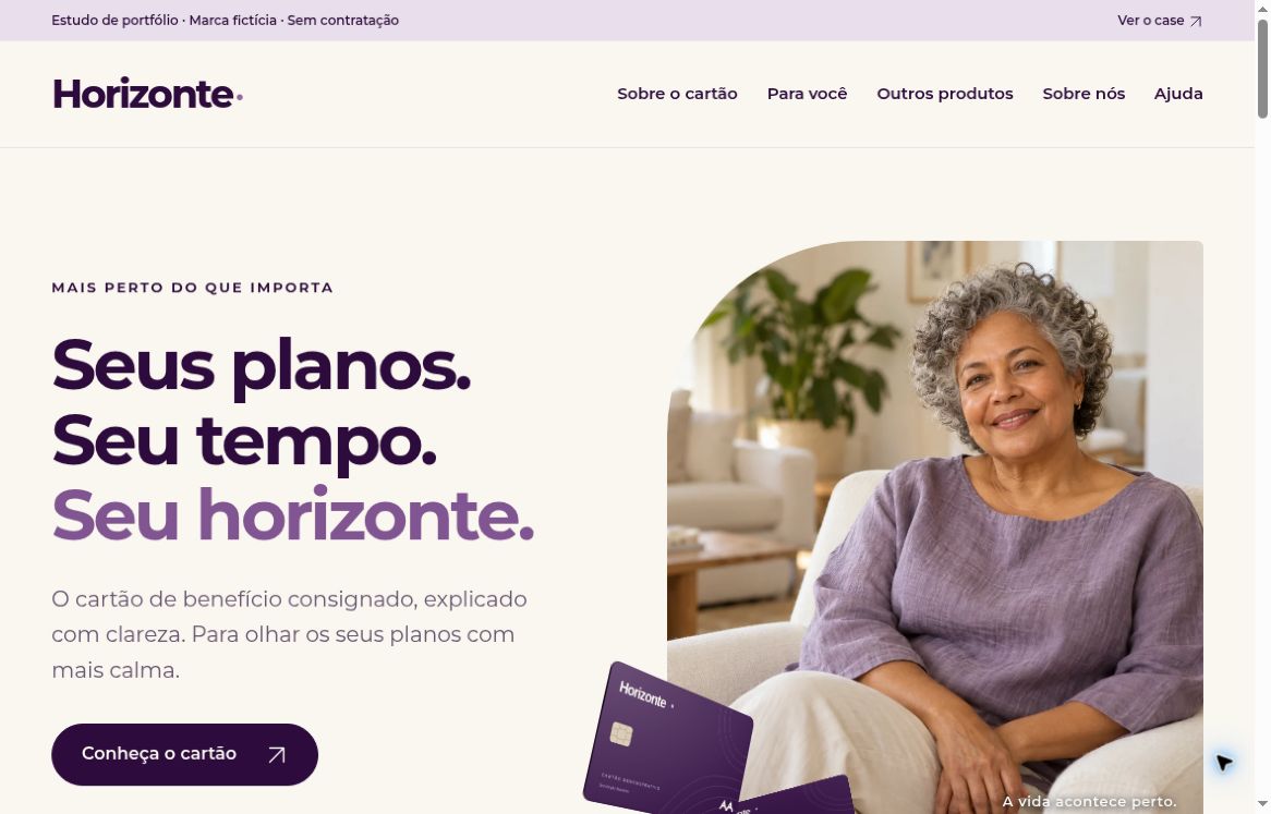 Desktop browser screenshot of the Horizonte multipage home with its navigation, large violet headline, generated mature woman and neutral card design.