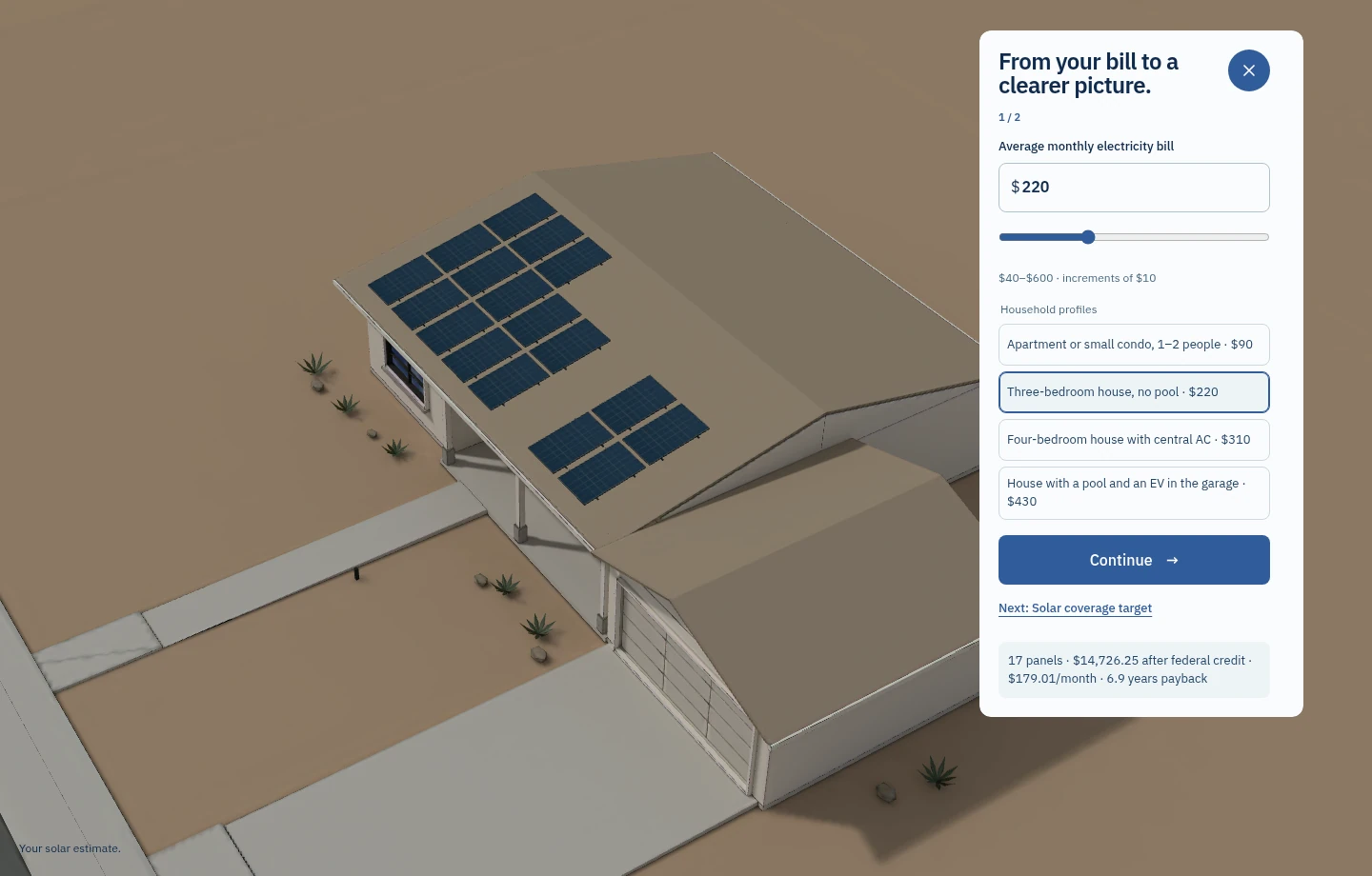 Brightfield estimate interface with a solar-panel house and a side panel for monthly electricity bill, household profile and the next step.